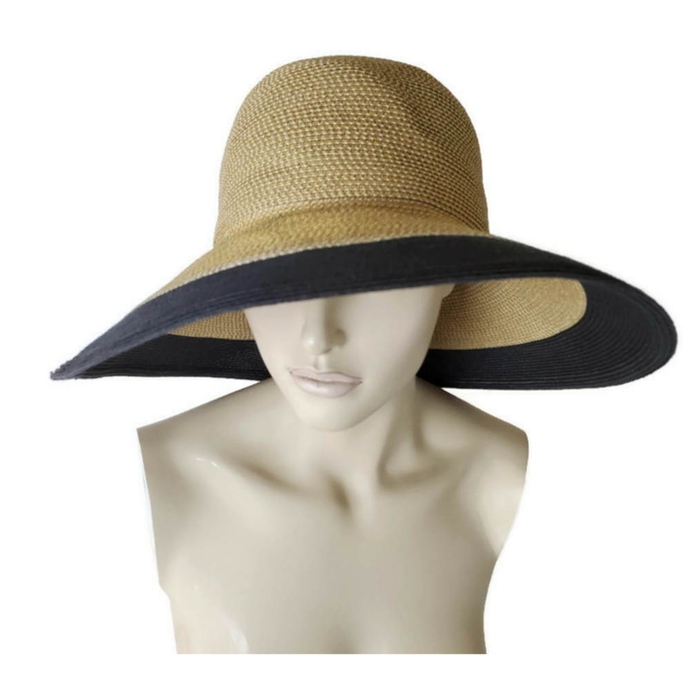 Eric Javits Packable Black/Tan Wide Hat Squishee